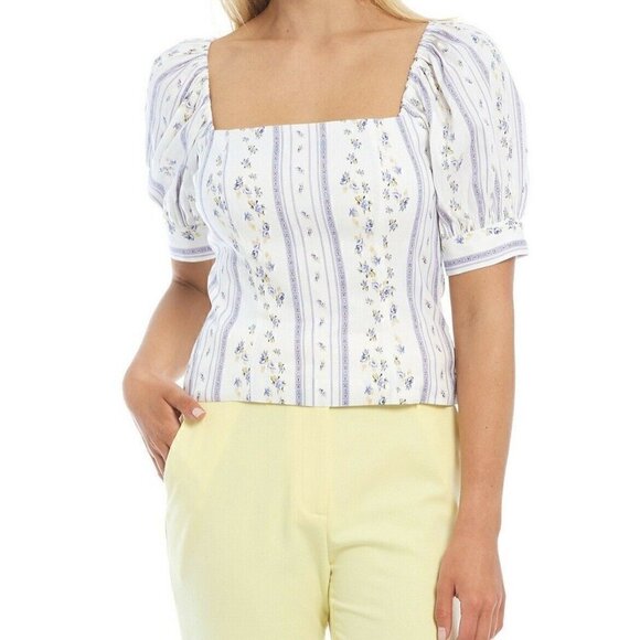 ANTONIO MELANI Tops - Antonio Melani Size 14 Square Neck Linen Floral Striped Blouse White Blue Boxy